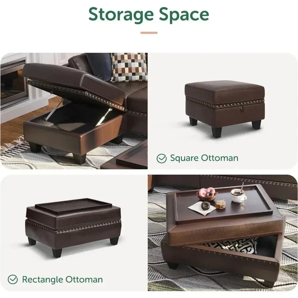 Leather Sectional Sofa with Ottoman - Easy Assembly, Storage Space,Living Room Sofa - Home Fusion