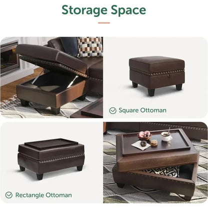 Leather Sectional Sofa with Ottoman - Easy Assembly, Storage Space,Living Room Sofa - Home Fusion