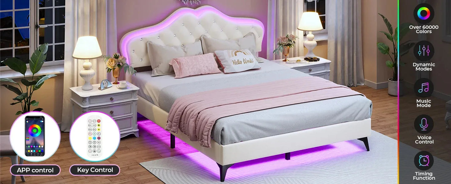 Queen Size Upholstered Bed Frame with LED Lights, Adjustable Headboard with Crystal Button, Solid Wood Slats Support, Beige