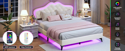 Queen Size Upholstered Bed Frame with LED Lights, Adjustable Headboard with Crystal Button, Solid Wood Slats Support, Beige