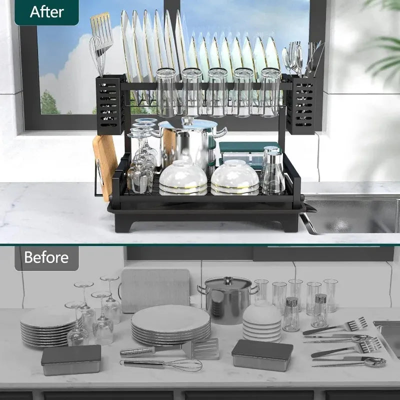 Dish Drying Rack for Kitchen Counter with Drainboard & Utensil Holders - Home Fusion
