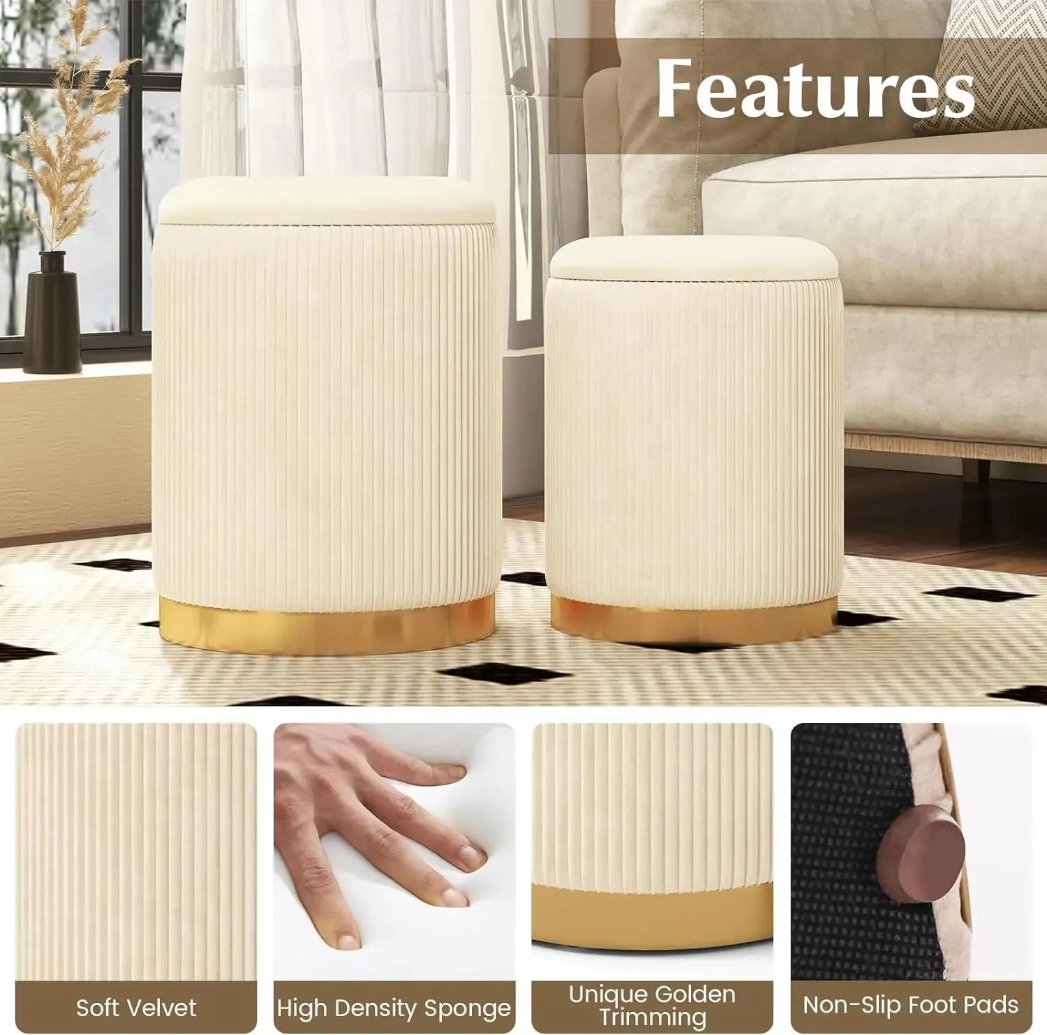 Comfort corner Velvet Storage Ottoman Set of 2,Round Ottoman with Storage, Footrest Vanity Stool Chair, Stackable Footstool - Home Fusion