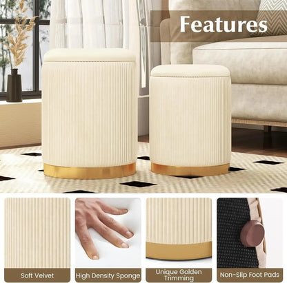 Comfort corner Velvet Storage Ottoman Set of 2,Round Ottoman with Storage, Footrest Vanity Stool Chair, Stackable Footstool - Home Fusion