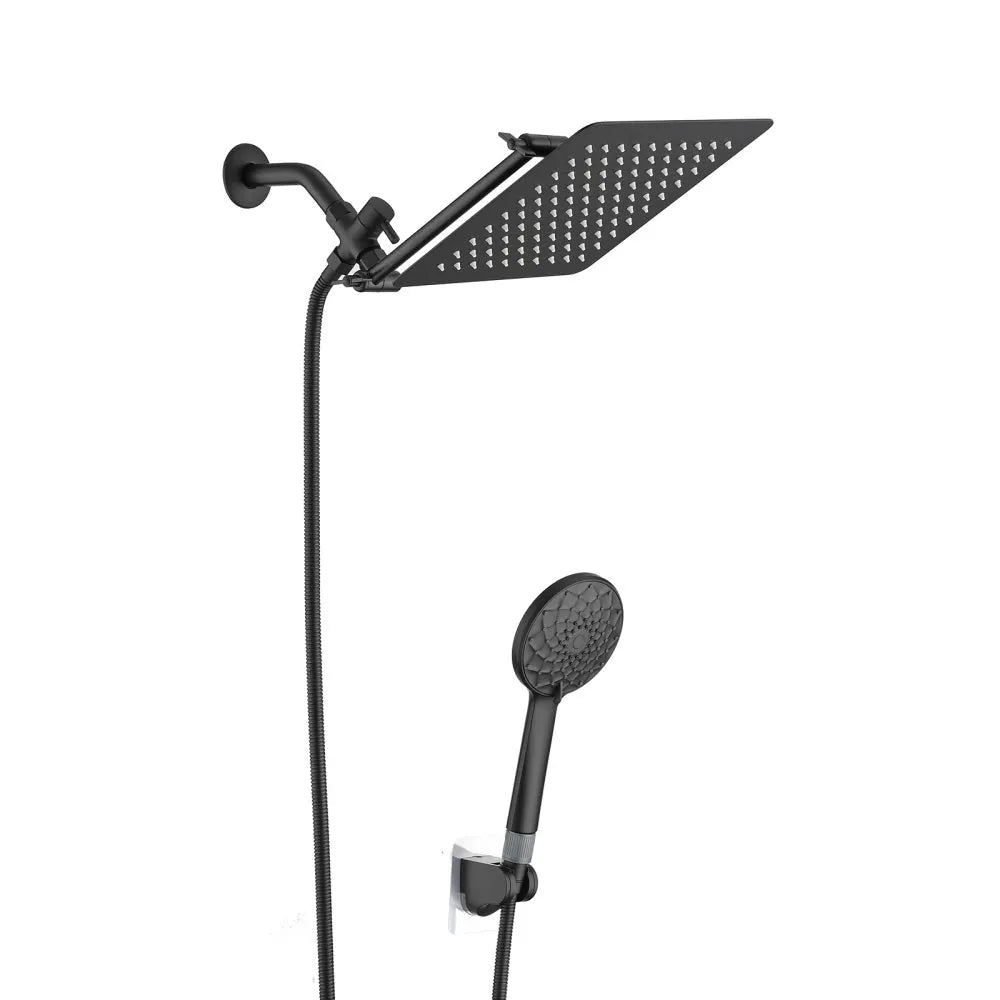Chrome Shower Head, 10 Inch High Pressure Rainfall Shower Head/Handheld Shower Combo with 11 Inch Extension Arm, 6 Settings Adjustable Anti-leak Shower Head with Holder/Hose, Height/Angle Adjustable - Home Fusion