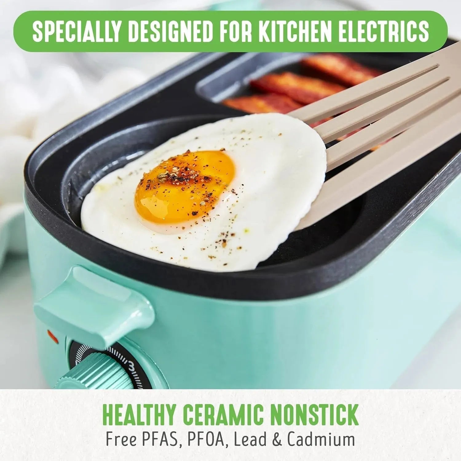 3-in-1 Breakfast Maker Station, Ceramic Nonstick Dual Griddles & Breakfast Sandwiches, 2 Slice Toast Drawer, Turquoise - Home Fusion