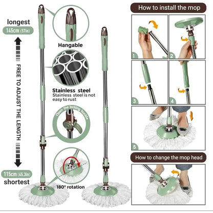 Spin Mop and Bucket with Wringer Set, Floor Cleaning System with Foot Pedal, Easy Wring, Adjustable Handle - Home Fusion