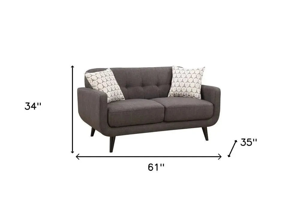61" Charcoal And Black Loveseat and Toss Pillows - Home Fusion
