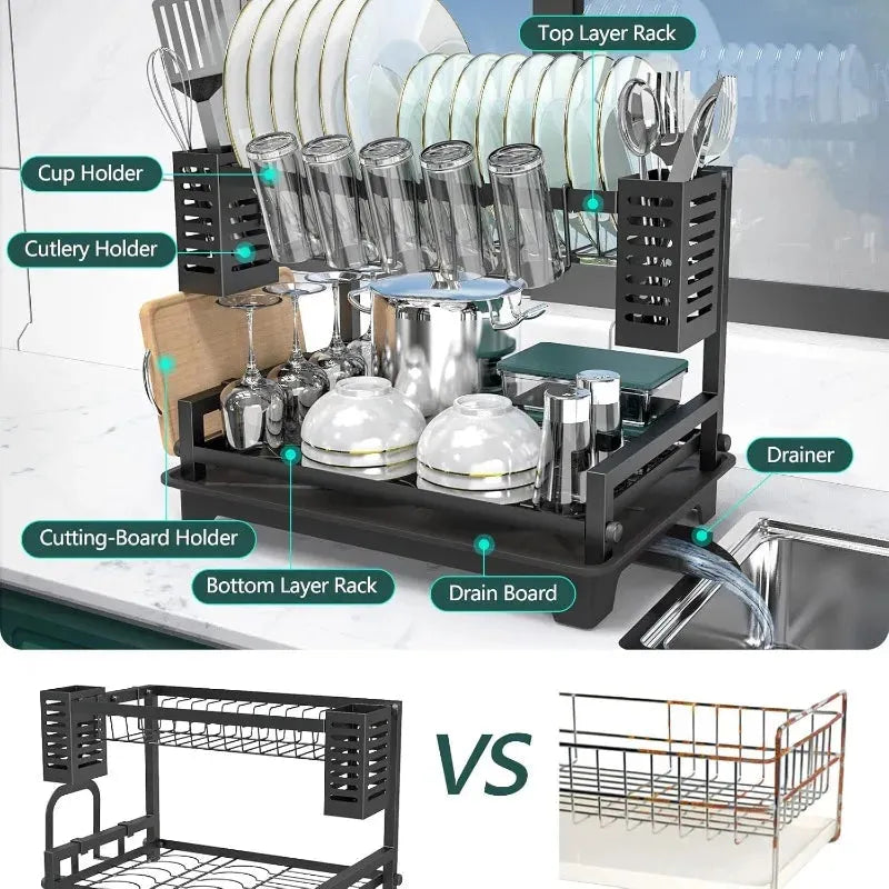 Dish Drying Rack for Kitchen Counter with Drainboard & Utensil Holders - Home Fusion