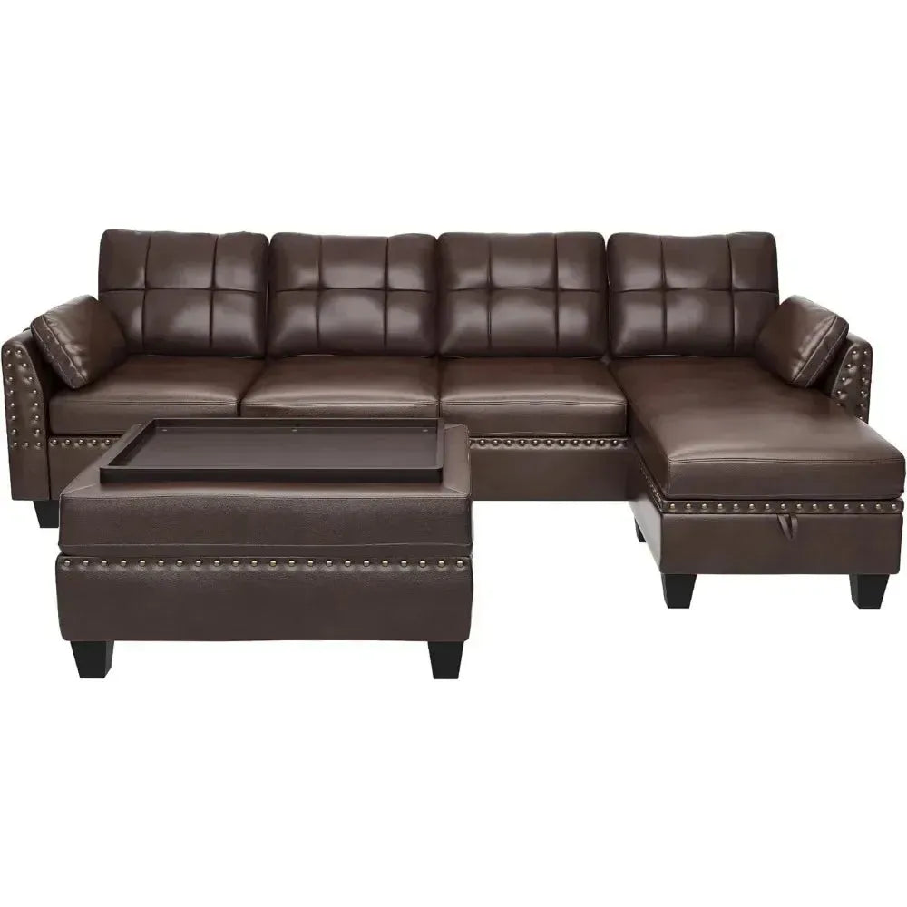 Leather Sectional Sofa with Ottoman - Easy Assembly, Storage Space,Living Room Sofa - Home Fusion