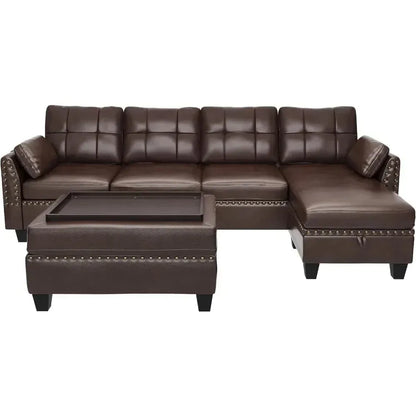 Leather Sectional Sofa with Ottoman - Easy Assembly, Storage Space,Living Room Sofa - Home Fusion