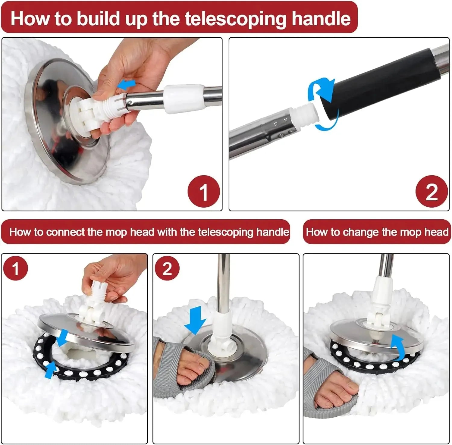 360° Spin Mop Bucket Sets with Wring System in 3 Microfiber Heads, Stainless Steel Basket 61" Extended Handle Floor Cleaning - Home Fusion