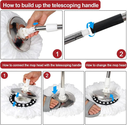 360° Spin Mop Bucket Sets with Wring System in 3 Microfiber Heads, Stainless Steel Basket 61" Extended Handle Floor Cleaning - Home Fusion