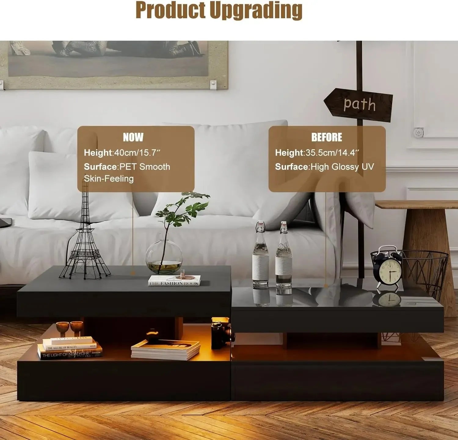 Black LED Coffee Table with Storage for Living Room Modern Smart Tall Square Center Table 2 Tier Display Shelf 20 Colors Light - Home Fusion