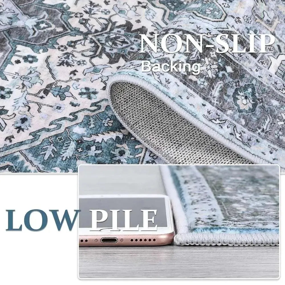 Washable Area Rugs 8x10 Living Room Rug Vintage Medallion Throw Rugs Soft Floor Cover Low Pile Non-Slip Accent Carpet Retro Rug