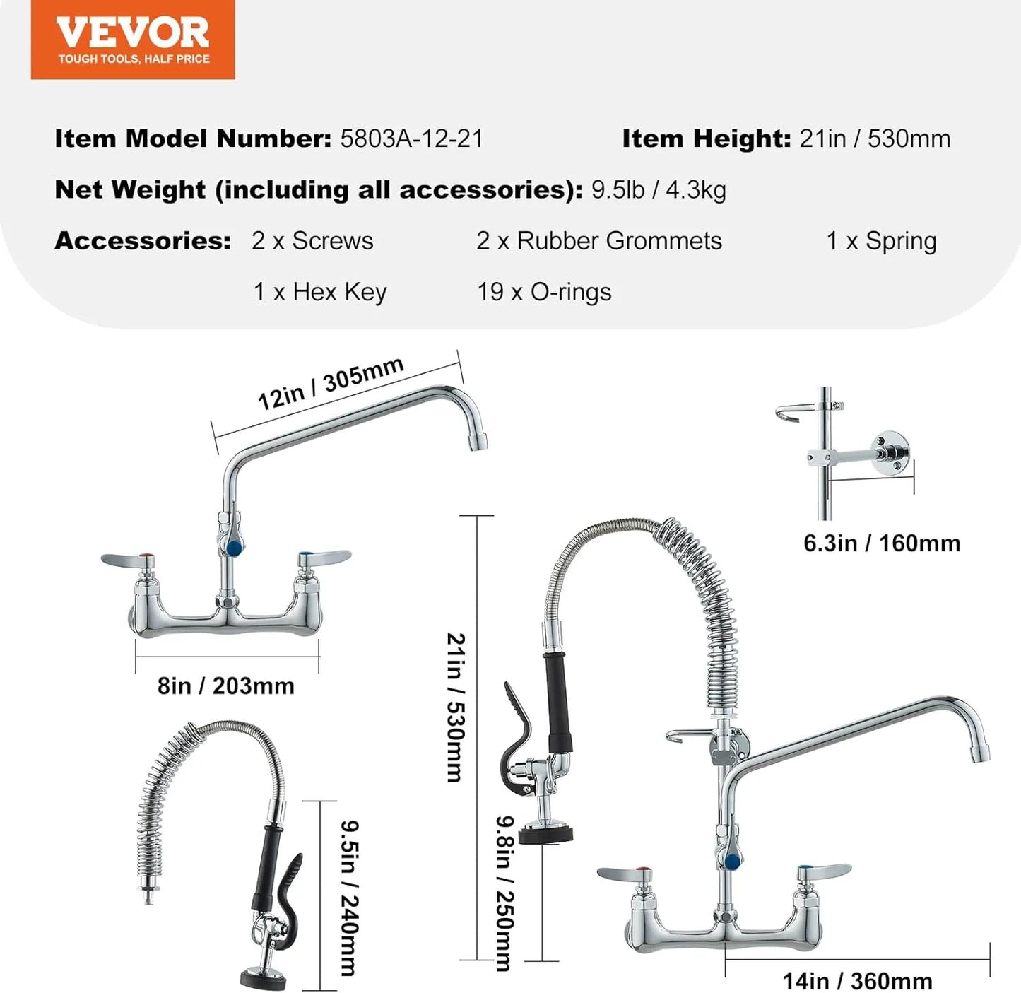 VEVOR Wall Mount Commercial Kitchen Faucet with Pre-Rinse Sprayer - Home Fusion