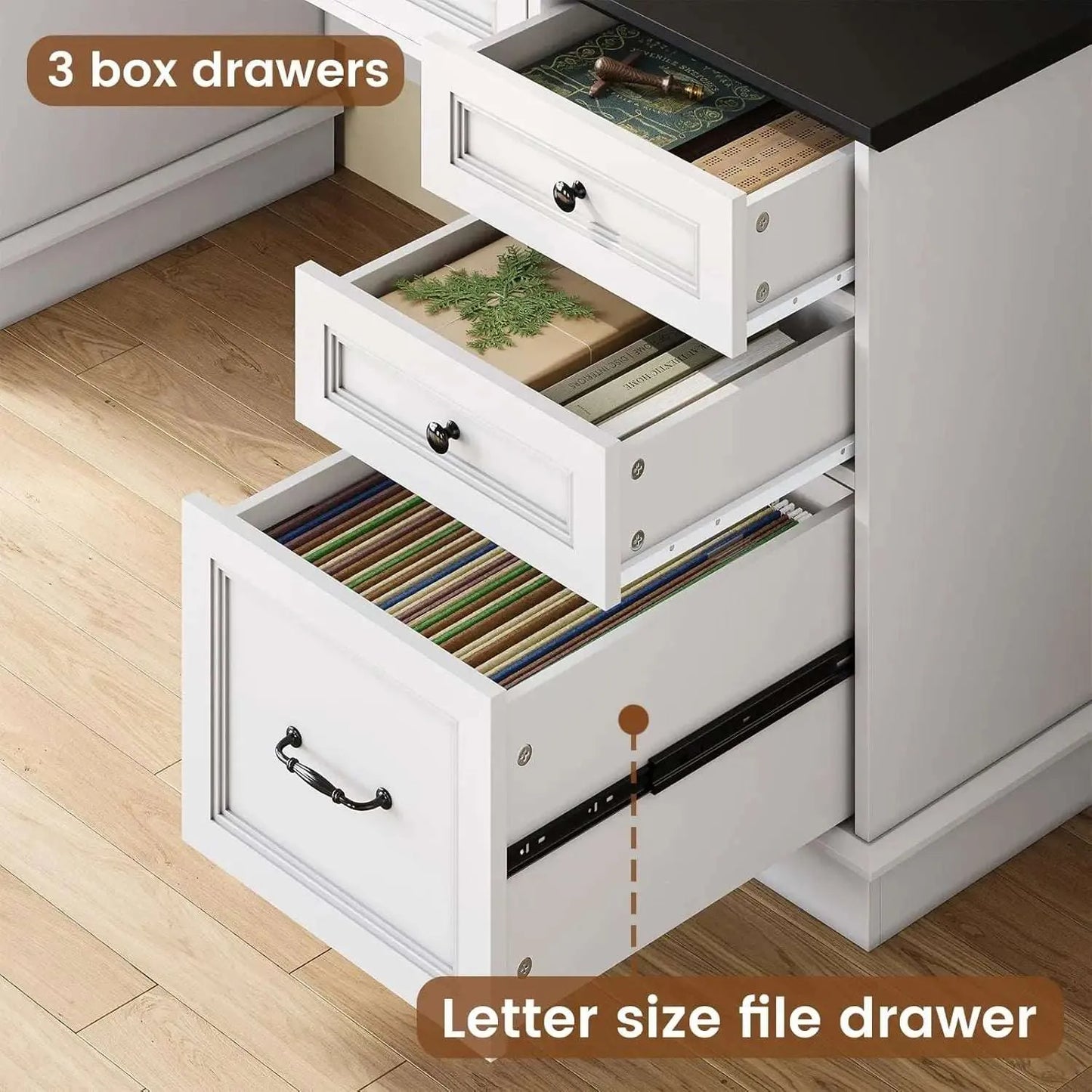 Farmhouse Executive Desk with Drawers Computer Desk with File Drawers, Power Outlet and Led Lights, Executive Office Desk - Home Fusion