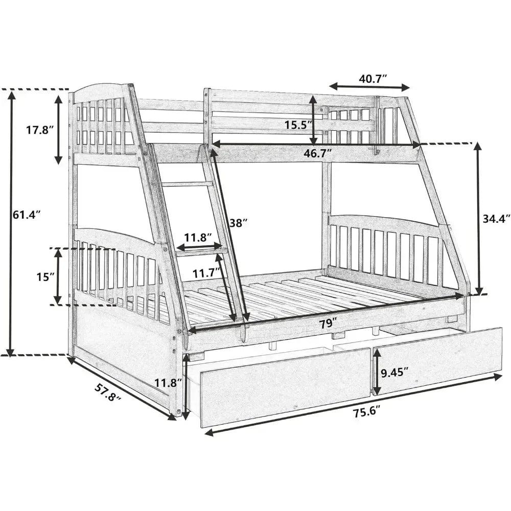 Solid Wood Twin Over Full Bunk Bed with Two Storage Drawer,Convertible to 2 Separated beds (White) bunk beds for kids - Home Fusion