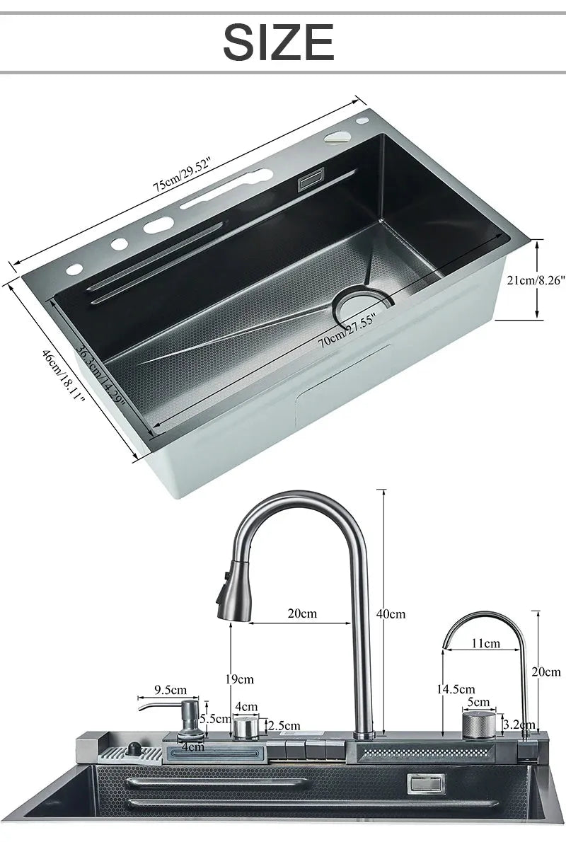 Stainless Steel Kitchen Sink with Faucet 75*45cm Large Single Bowl Digital Display Dish Basin Sink Waterfall Hot Cold Faucets - Home Fusion