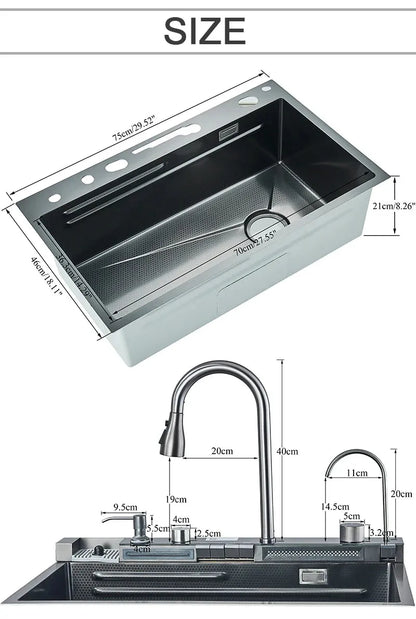 Stainless Steel Kitchen Sink with Faucet 75*45cm Large Single Bowl Digital Display Dish Basin Sink Waterfall Hot Cold Faucets - Home Fusion