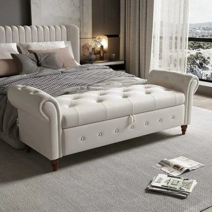 Storage Ottoman Bench, End of Bed Button Tufted Ottoman Bench, Rolled Armed Ottoman Couch Long Bench for Bedroom, Living Room - Home Fusion