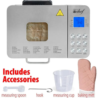 2 LB Stainless Steel Bread Maker with 25 Smart Cooking Programs and Included Accessories, Measuring Cup - Home Fusion