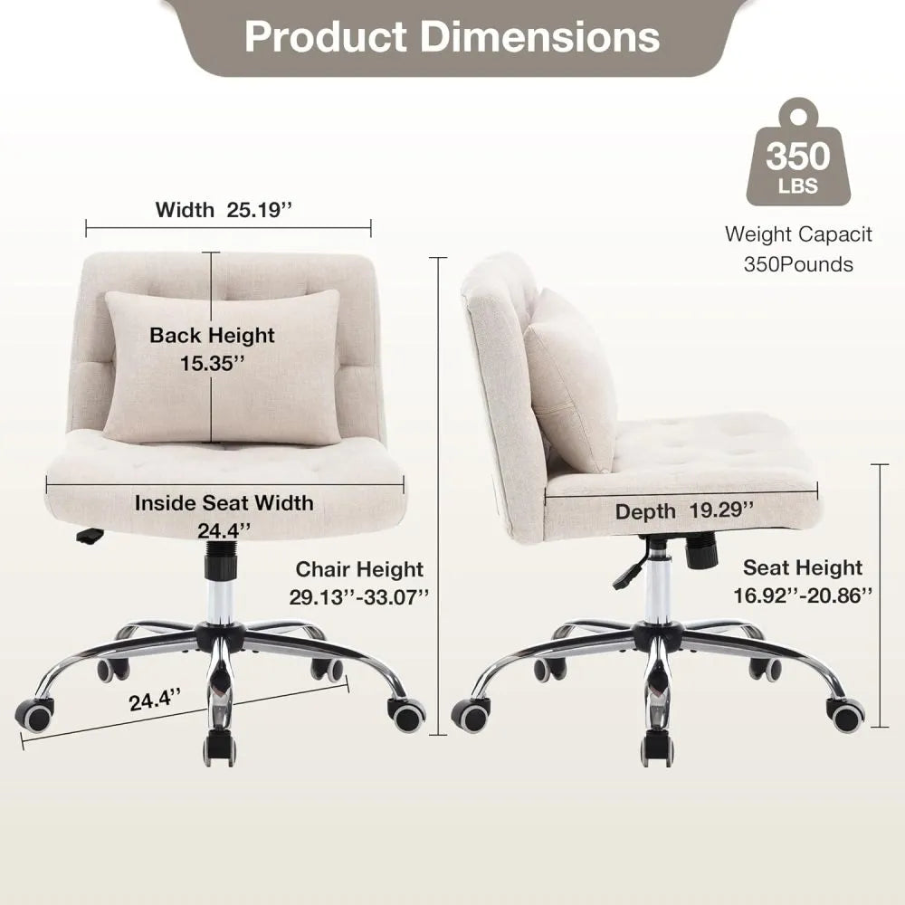 Armless Fabric Office Desk Chair with Wheels, Criss Cross Legged Wide Seat Chair, Modern Home Office Chair with Lumbar Pillow, Comfy Computer Task Chair for Small Space, Vanity Chair for Women, Girls - Home Fusion