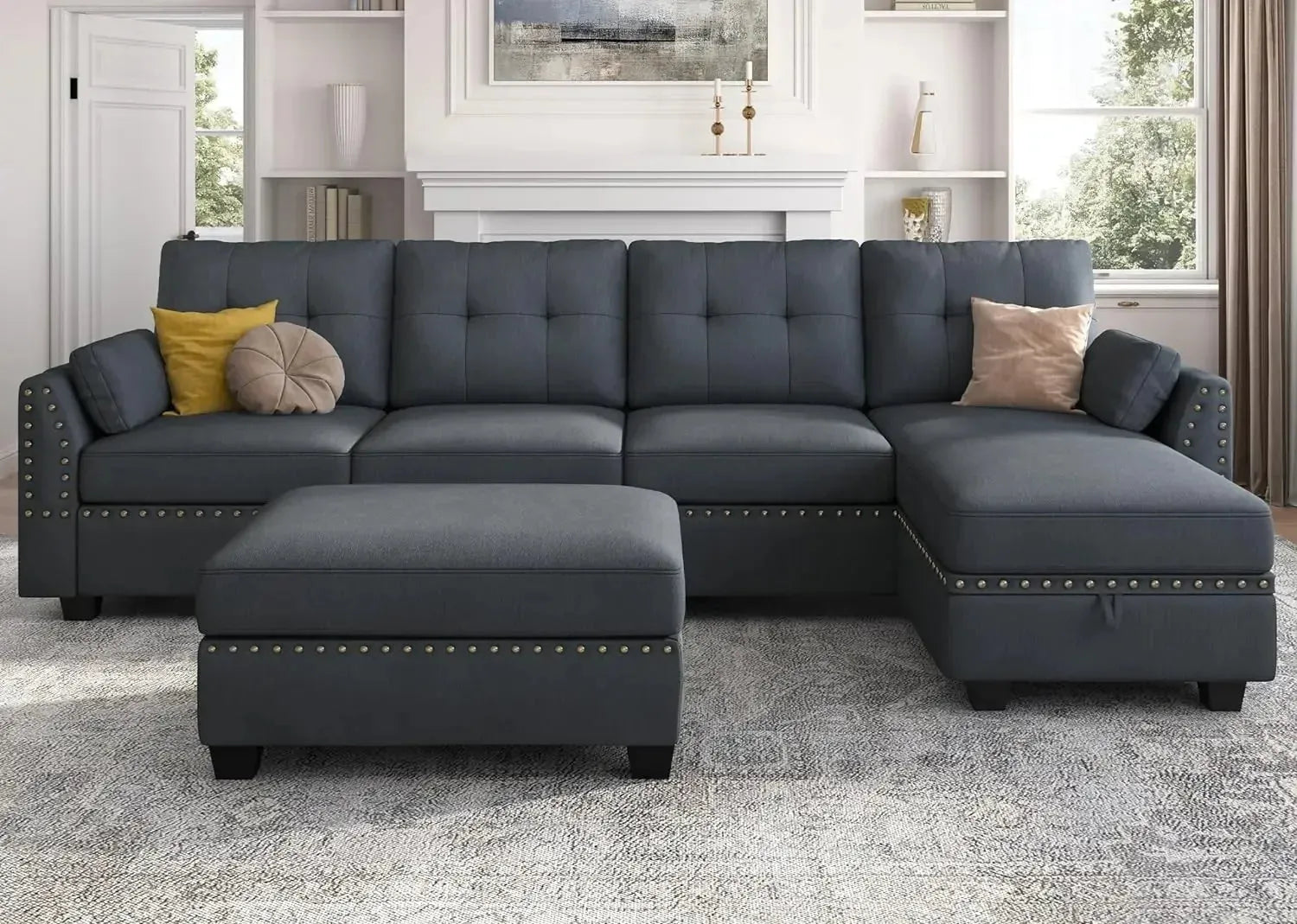 Leather Sectional Sofa with Ottoman - Easy Assembly, Storage Space,Living Room Sofa - Home Fusion