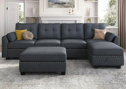 Leather Sectional Sofa with Ottoman - Easy Assembly, Storage Space,Living Room Sofa - Home Fusion