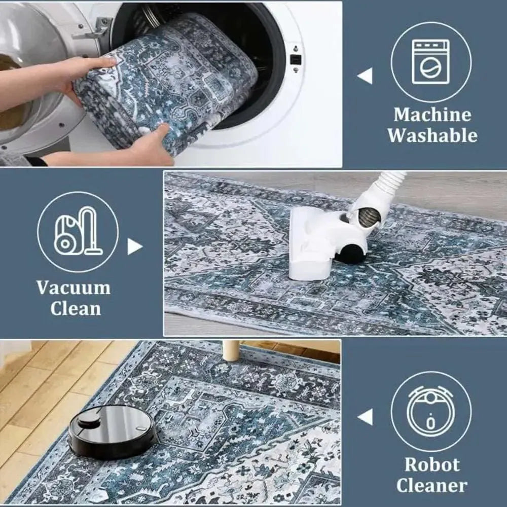 Washable Area Rugs 8x10 Living Room Rug Vintage Medallion Throw Rugs Soft Floor Cover Low Pile Non-Slip Accent Carpet Retro Rug