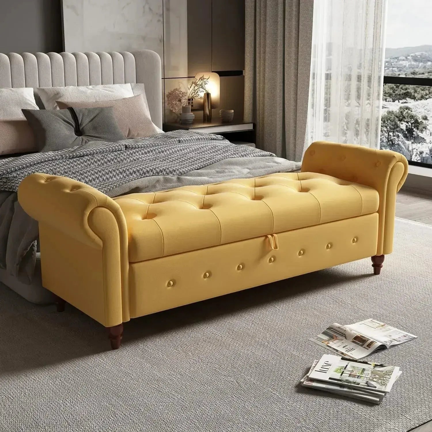 Storage Ottoman Bench, End of Bed Button Tufted Ottoman Bench, Rolled Armed Ottoman Couch Long Bench for Bedroom, Living Room - Home Fusion