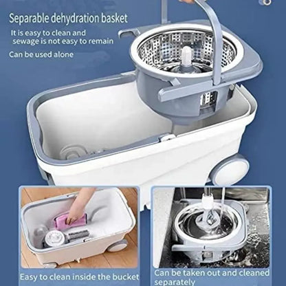 Spin Mop Bucket Deluxe 360 Spinning Floor Cleaning System with 6 Microfiber Replacement Head Refills,62" Extended Handle - Home Fusion