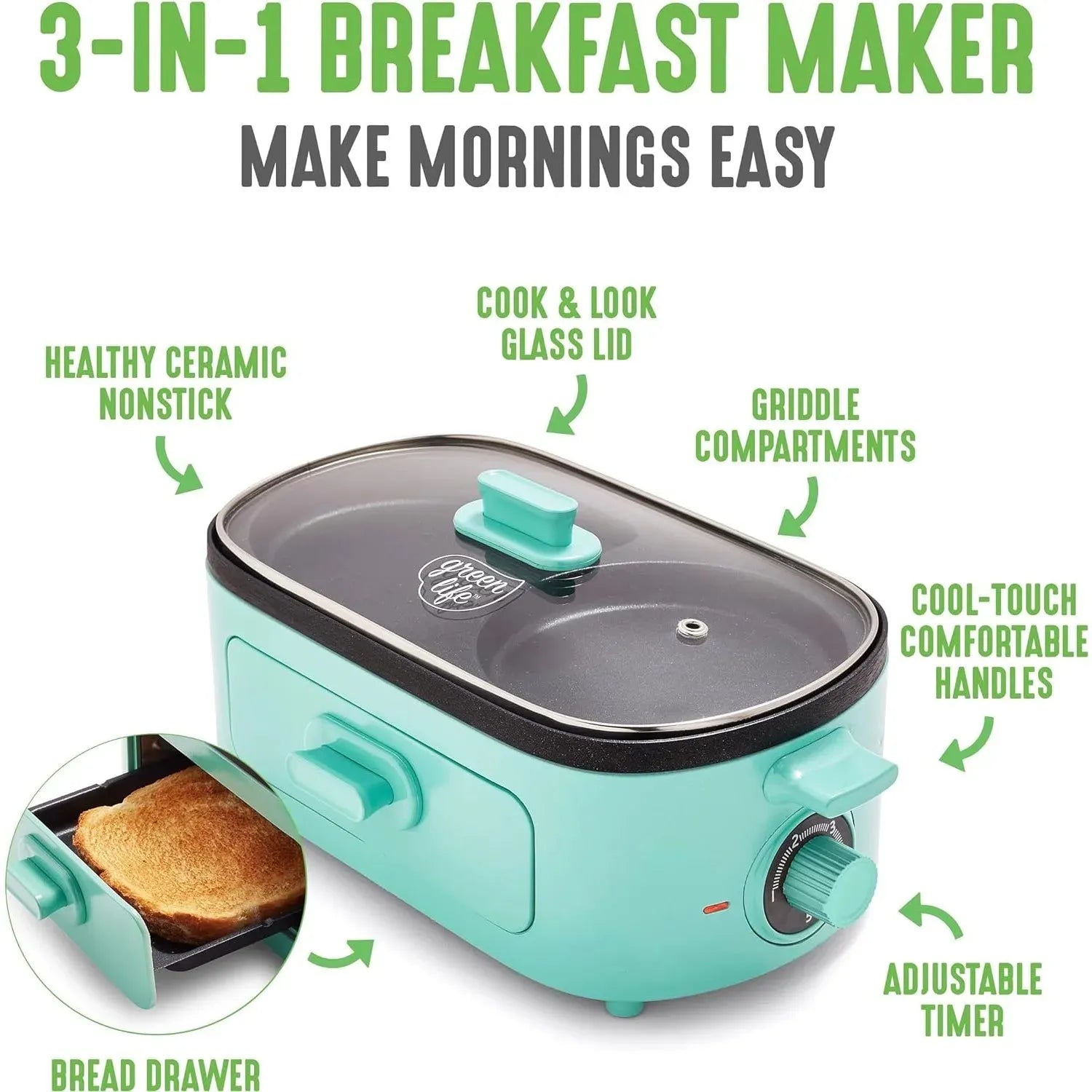3-in-1 Breakfast Maker Station, Ceramic Nonstick Dual Griddles & Breakfast Sandwiches, 2 Slice Toast Drawer, Turquoise - Home Fusion