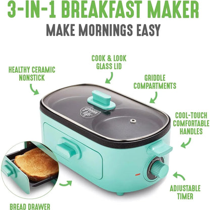 3-in-1 Breakfast Maker Station, Ceramic Nonstick Dual Griddles & Breakfast Sandwiches, 2 Slice Toast Drawer, Turquoise - Home Fusion
