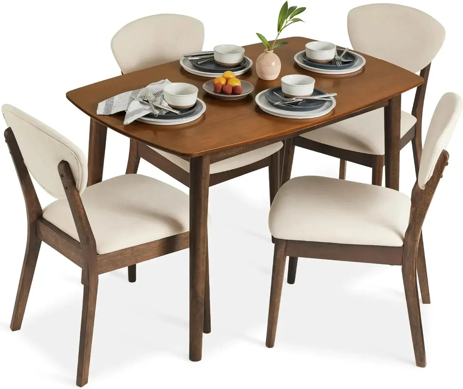 Dining Set Apartment w/ 4 Chairs, Padded Seats & Backrests, Wooden Frame,Compact Mid-Century Modern Table & Chair Set - Home Fusion