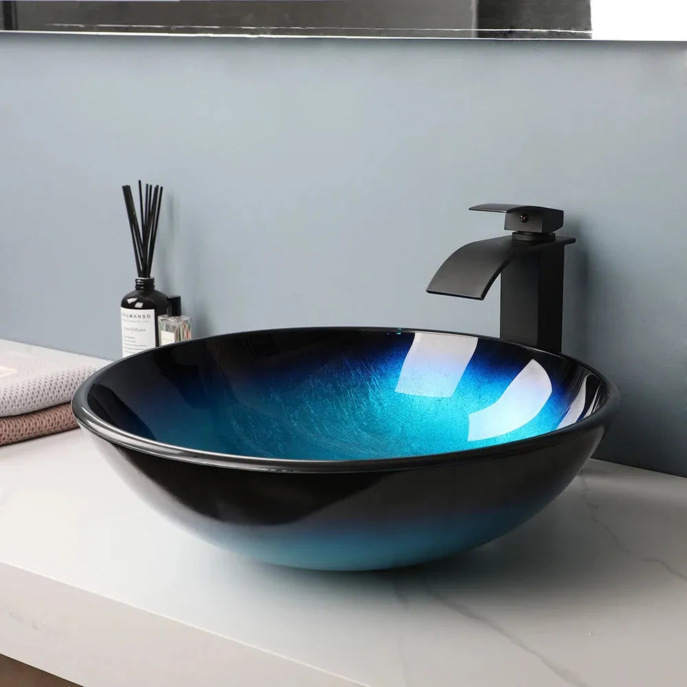 ZAPPO Blue Sinks Glass Vessel  for Bathroom Countertop - Home Fusion