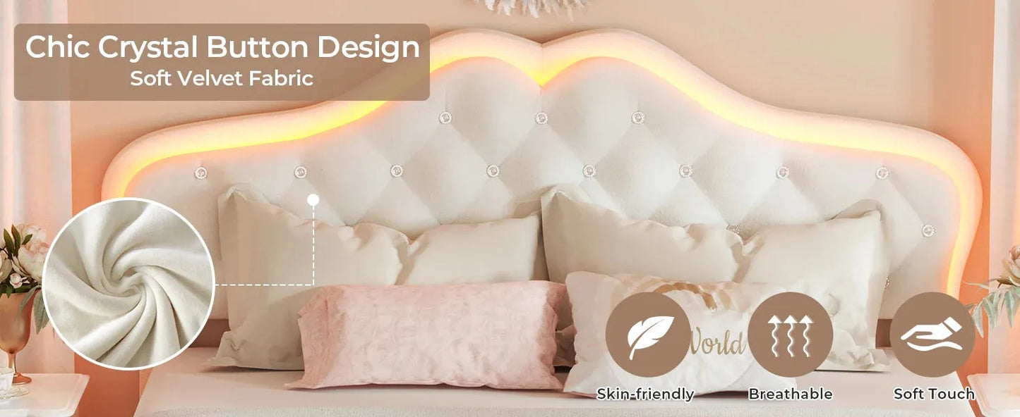 Queen Size Upholstered Bed Frame with LED Lights, Adjustable Headboard with Crystal Button, Solid Wood Slats Support, Beige
