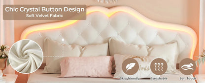 Queen Size Upholstered Bed Frame with LED Lights, Adjustable Headboard with Crystal Button, Solid Wood Slats Support, Beige