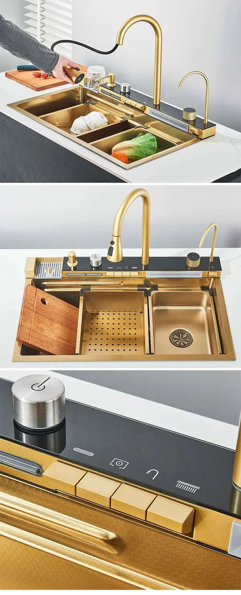 Stainless Steel Kitchen Sink with Faucet 75*45cm Large Single Bowl Digital Display Dish Basin Sink Waterfall Hot Cold Faucets - Home Fusion