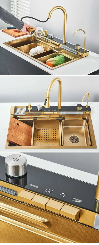Stainless Steel Kitchen Sink with Faucet 75*45cm Large Single Bowl Digital Display Dish Basin Sink Waterfall Hot Cold Faucets - Home Fusion