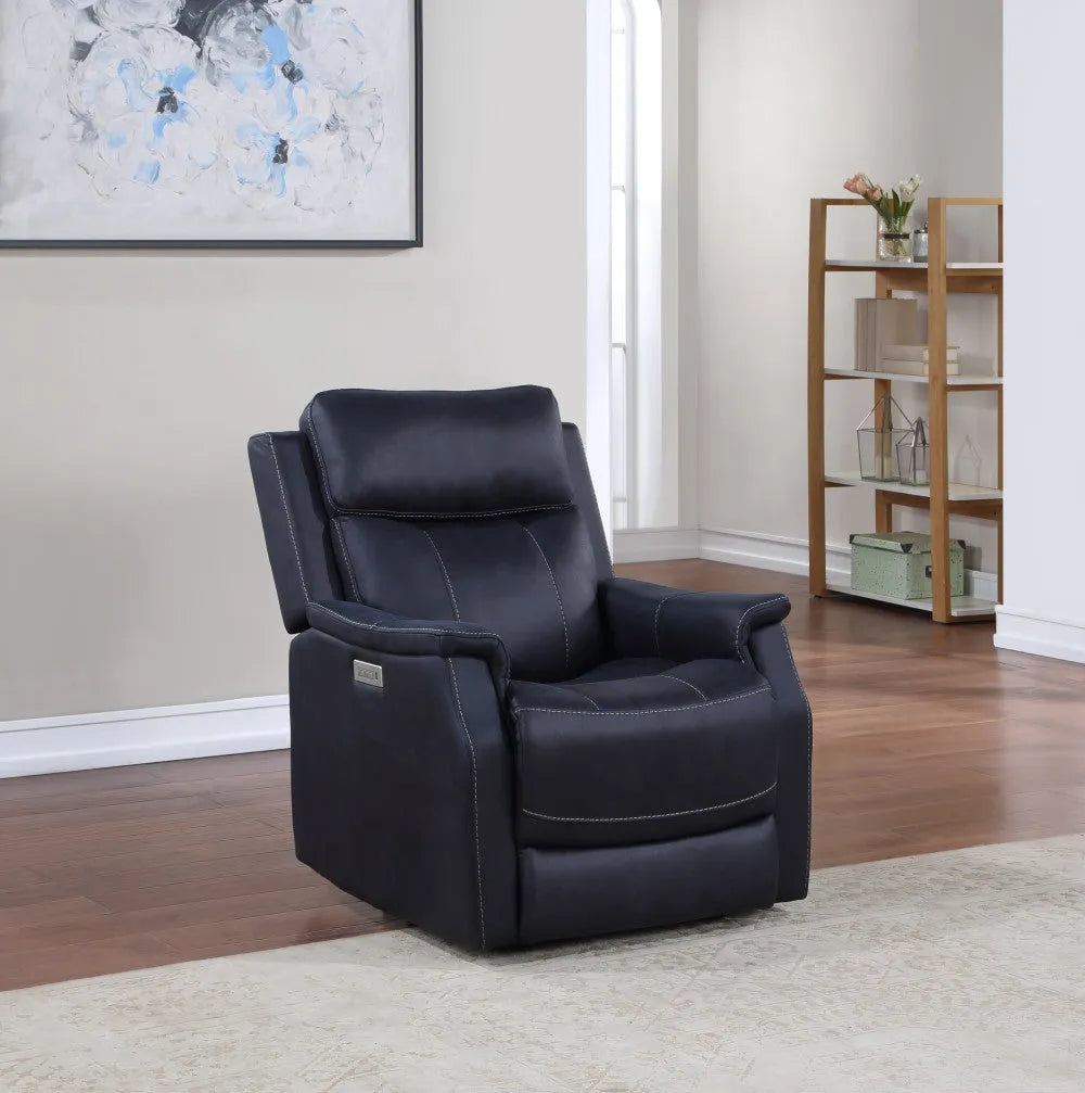 Clean Contemporary Dual-Power Recliner - Ocean Blue Leatherette, Power Footrest, Power Headrest - Easy-Care and Convenience - Home Fusion