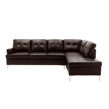 Contemporary Brown 3pc Sectional Sofa with RSF Chaise Ottoman Tufted Detail Faux Leather Upholstered Solid Wood Living Room Furniture L-Shape Sofa Chaise