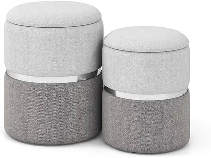 Comfort corner Velvet Storage Ottoman Set of 2,Round Ottoman with Storage, Footrest Vanity Stool Chair, Stackable Footstool - Home Fusion