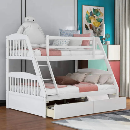Solid Wood Twin Over Full Bunk Bed with Two Storage Drawer,Convertible to 2 Separated beds (White) bunk beds for kids - Home Fusion