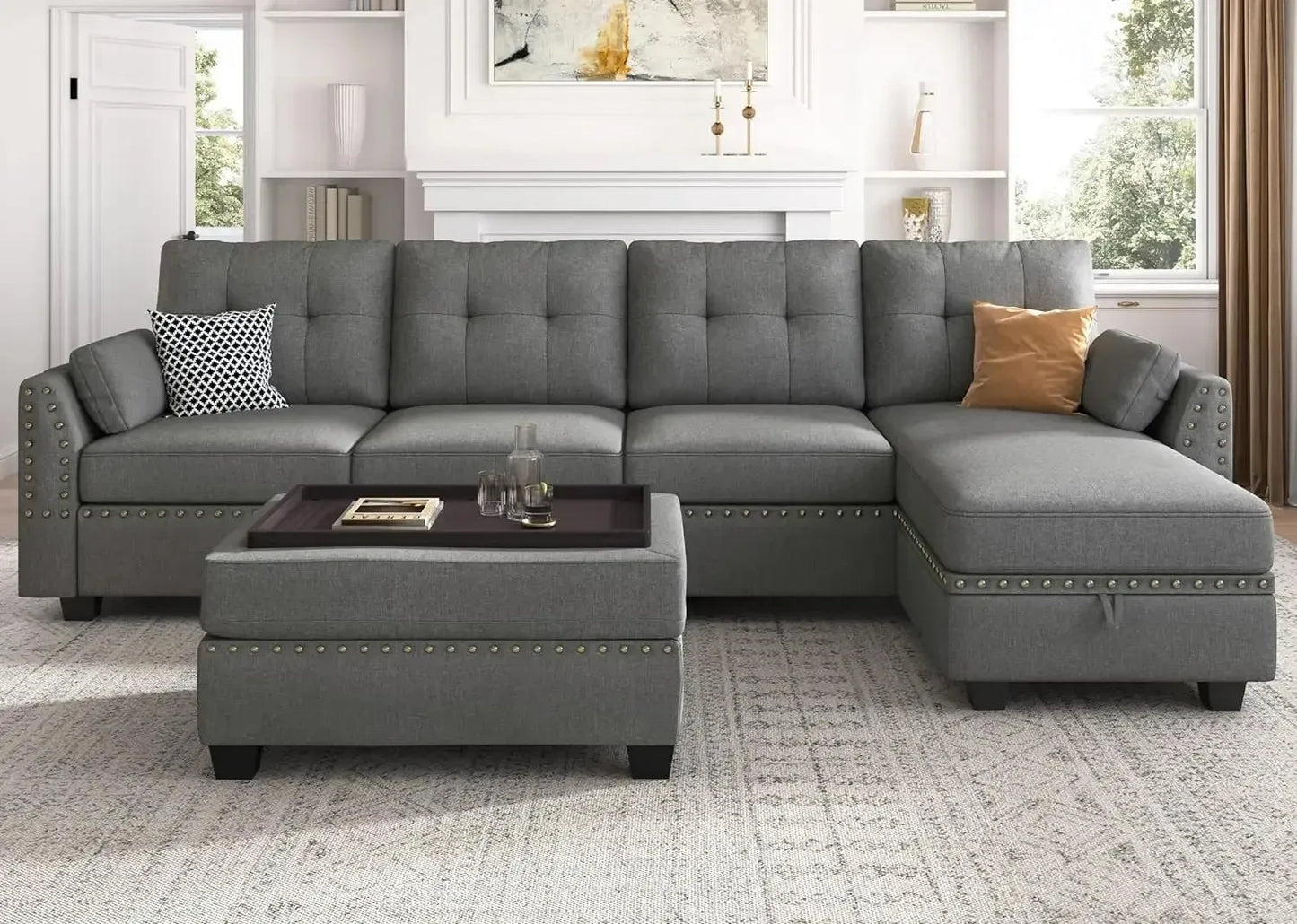 Leather Sectional Sofa with Ottoman - Easy Assembly, Storage Space,Living Room Sofa - Home Fusion