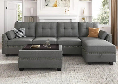 Leather Sectional Sofa with Ottoman - Easy Assembly, Storage Space,Living Room Sofa - Home Fusion