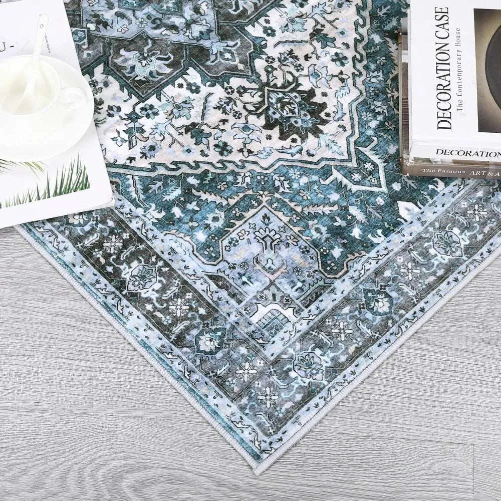 Washable Area Rugs 8x10 Living Room Rug Vintage Medallion Throw Rugs Soft Floor Cover Low Pile Non-Slip Accent Carpet Retro Rug