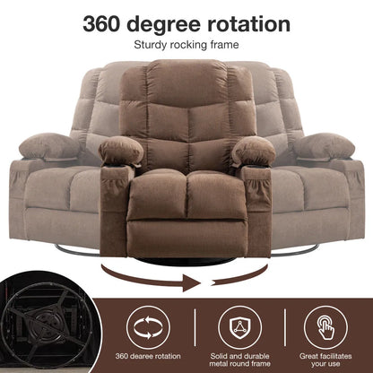 Massage Rocker Recliner Chair Rocking Chairs for Adults Oversized with 2 Cup Holders, USB Charge Port Soft Features a Manual Massage and Heat.(A+B)BROWN - Home Fusion