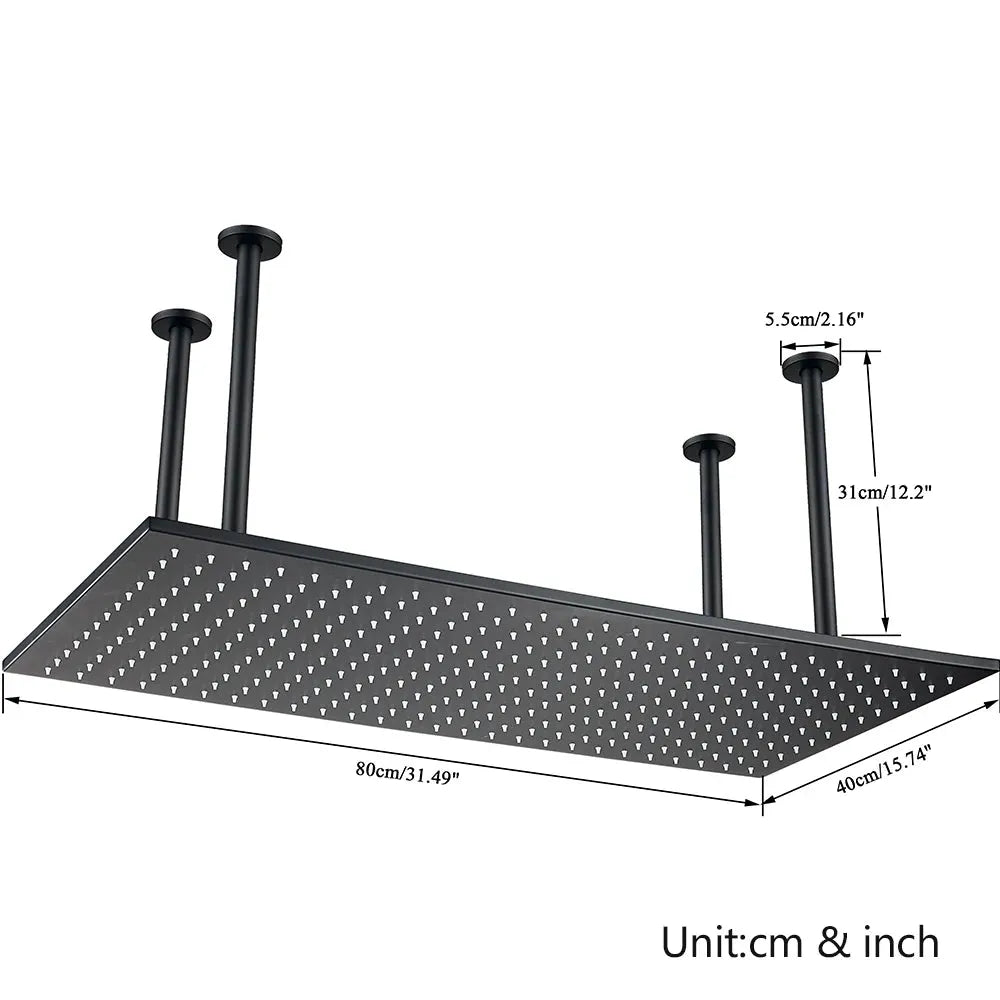 Rozin LED Matte Black Shower Head 40*80cm Large Size Rainfall Shower Heads  Ceiling Mounted with Installation Arm for Bathroom - Home Fusion