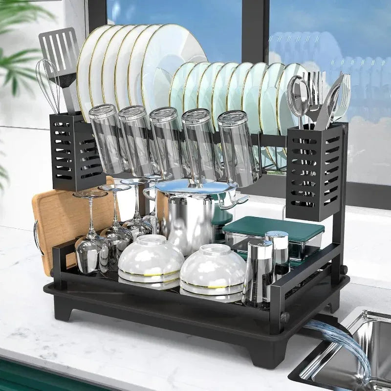 Dish Drying Rack for Kitchen Counter with Drainboard & Utensil Holders - Home Fusion