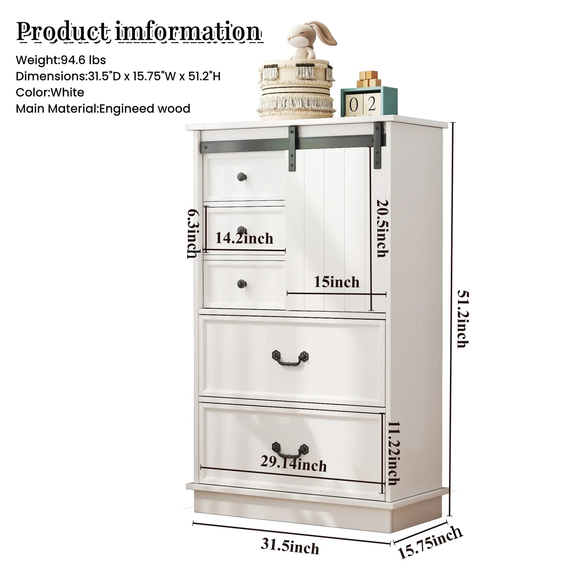 Farmhouse Tall Drawer Chest – 5 Drawers & Sliding Door Storage Shelf - Home Fusion